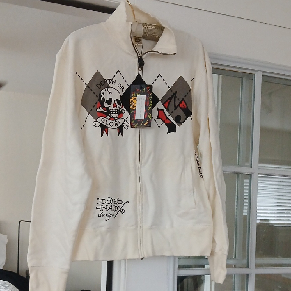 Ed Hardy off White Skull Graphic Long Sleeve Zipper Front Cotton Jacket NWT